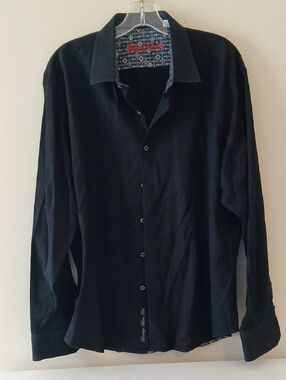 Robert Graham Black Long-Sleeve Dress Shirt with Patterned Inner Trim